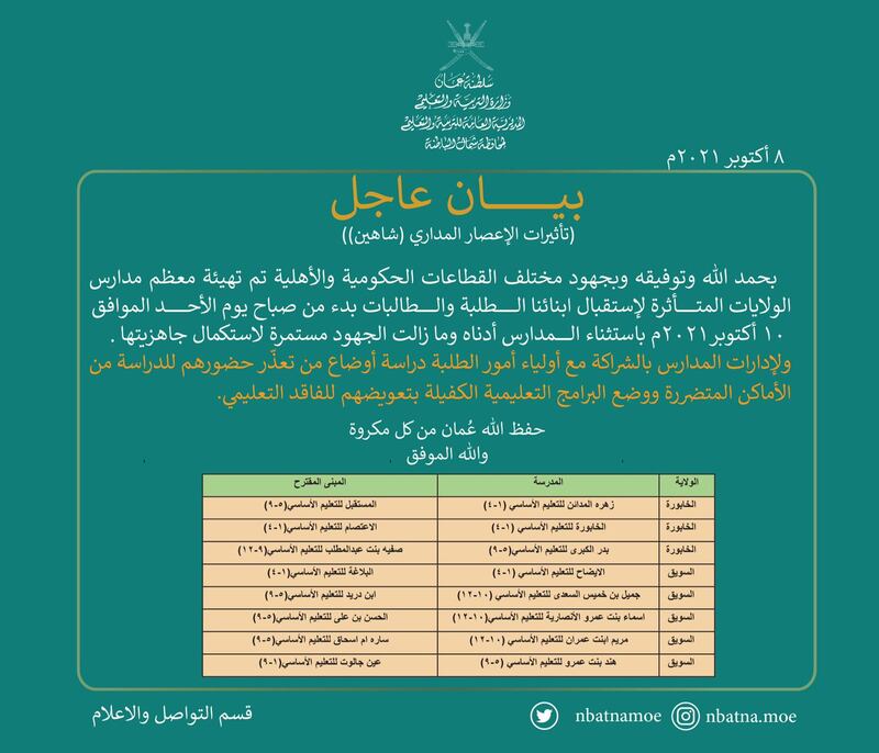 بيان حول الدراسة في شمال الباطنة