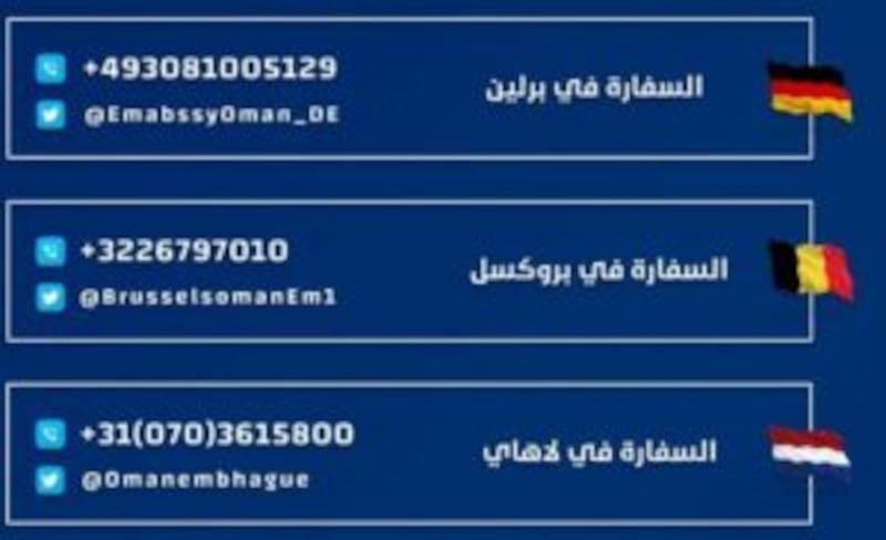 سفارات السلطنة في برلين وبروكسل ولاهاي تضع أرقامًا للتواصل معها